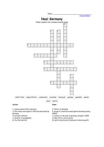 Germany Starter Crossword Teaching Resources