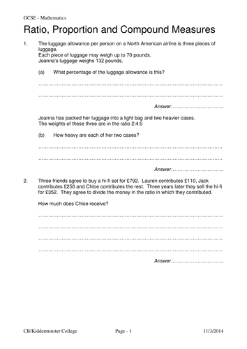 Maths Ratio and Proportion worksheet | Teaching Resources
