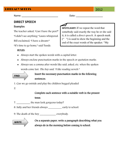 writing lesson direct speech