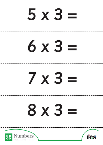 three times table flash cards without answers teaching