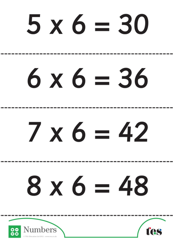 Six Times Table Flash Cards - with answers
