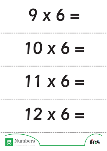 Six Times Table Flash Cards - without answers
