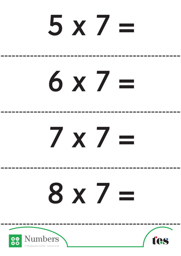Seven Times Table Flash Cards - without answers