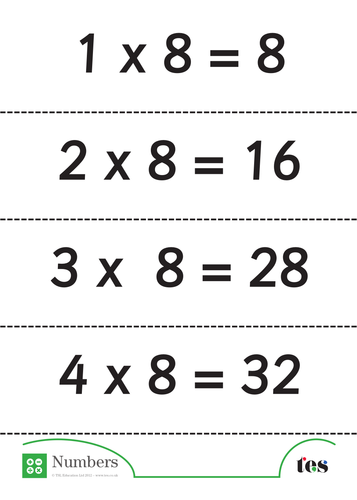 Eight Times Table Flash Cards (complete set)