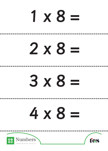 Eight Times Table Flash Cards - without answers