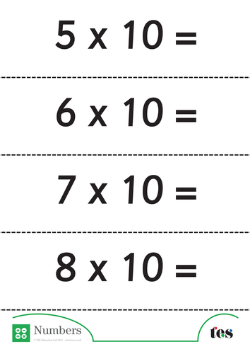 Ten Times Table Flash Cards - without answers