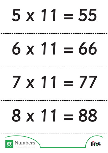 Eleven Times Table Flash Cards - with answers