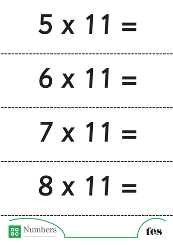 Eleven Times Table Flash Cards - without answers