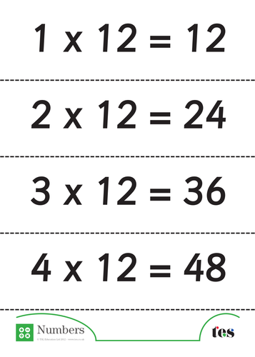 Twelve Times Table Flash Cards (complete set)