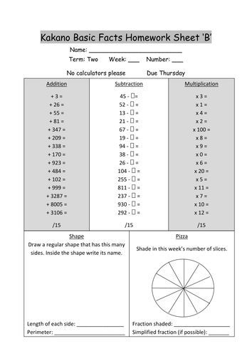 Generic Basic Facts Maths Homework