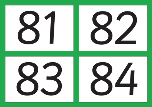 A4 Flash cards - Four Numbers Per Sheet 81-100