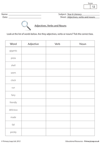 Teaching resource - Adjectives, verbs and nouns