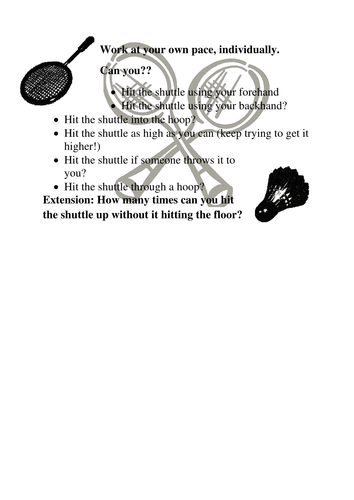 Badminton familirisation task or warm up