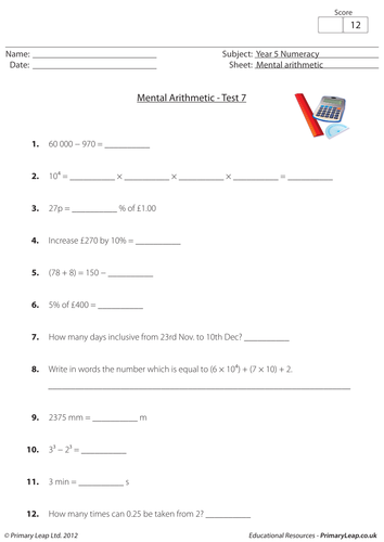 Mental arithmetic - Test 7