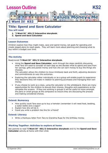 I Want It! KS1/2-Lesson 3: Spend & Save Calculator