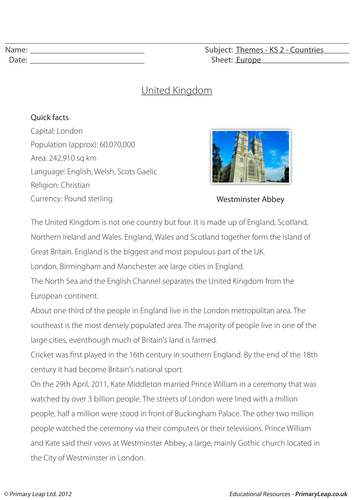 Facts about the United Kingdom - Comprehension