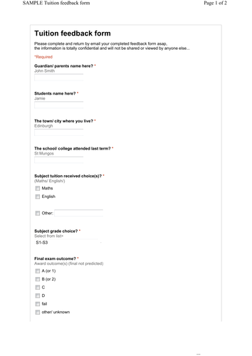 Sample feedback form for private tutors