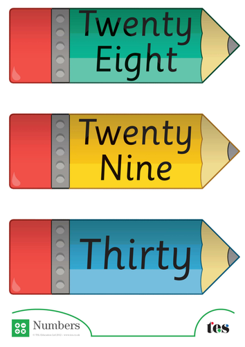 Written Number Flash Cards - Pencil Theme 28-36