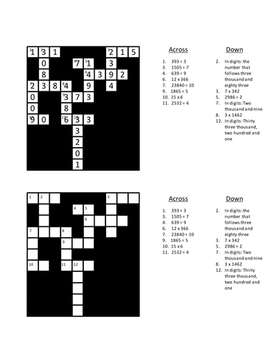 Calculations Crossword Teaching Resources