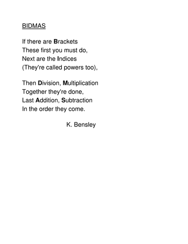 BIDMAS poem