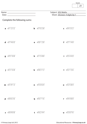 Divide By 4 - 4 Digits By 1 | Teaching Resources
