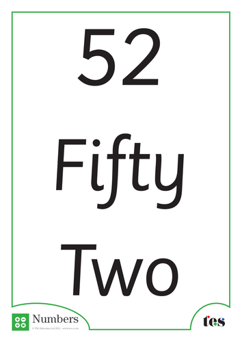 A4 Words and Numbers Flash Cards 51-55