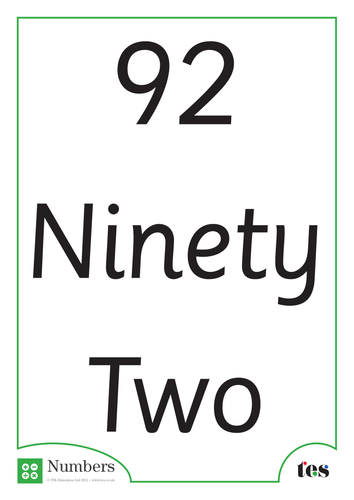 A4 Words and Numbers Flash Cards 91-95