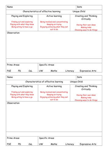 EYFS 2012 Observation sheet