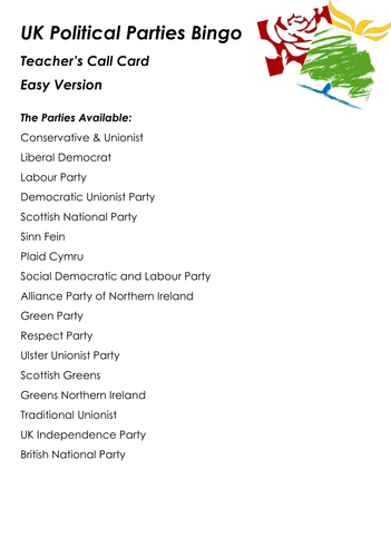 UK Political Parties Bingo - Starter/Plenary