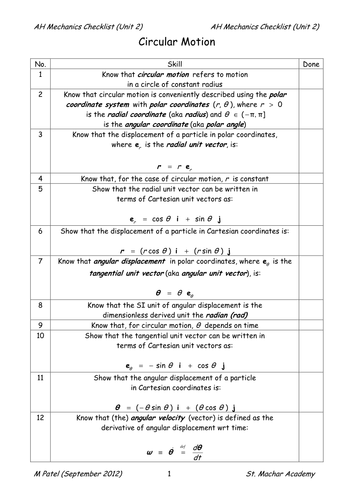 Advanced Higher Mechanics Checklist (Unit 2)