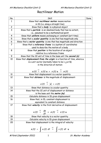 Advanced Higher Mechanics Checklist (Unit 1)