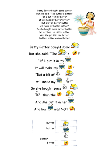 Tongue twister- Betty Botter with pictures