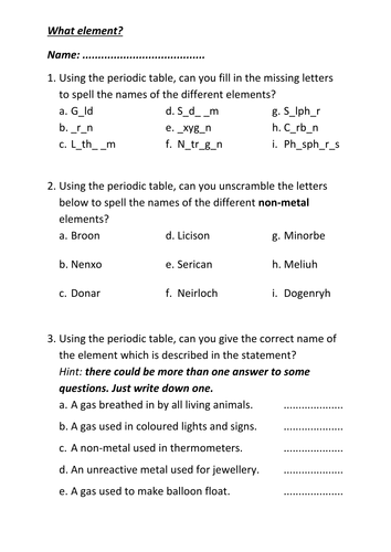 What element starter worksheet | Teaching Resources