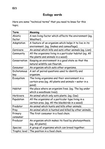 Ecology Key Words Glossary | Teaching Resources
