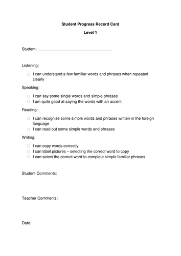 Progress Record Card for MFL