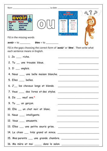 for grade french 1 free worksheet ou by au présent Resources   Teaching Avoir être labellaroma
