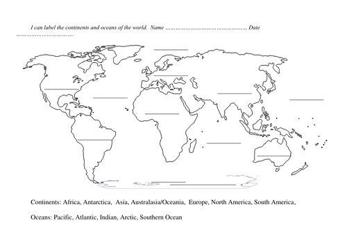 Blank World Map With Continents And Oceans Blank World Map to label continents and oceans | Teaching Resources