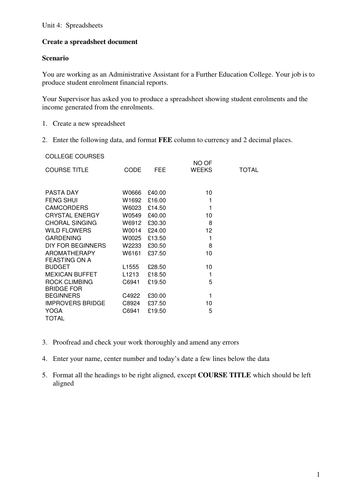 Various Spreadsheet activities Level 1 v2