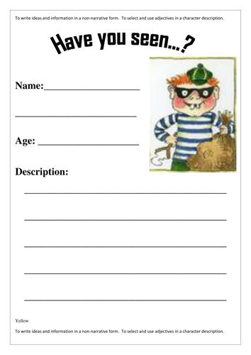 Character Description Worksheets Cops And Robbers Teaching Resources