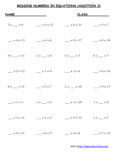 MISSING NUMBERS IN EQUATIONS (ADDITION 3) | Teaching Resources