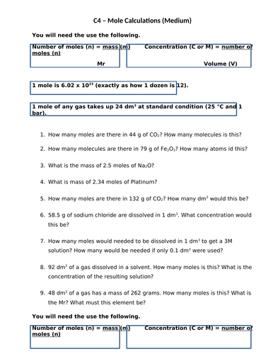 Differentiated Mole Calculations now with answers