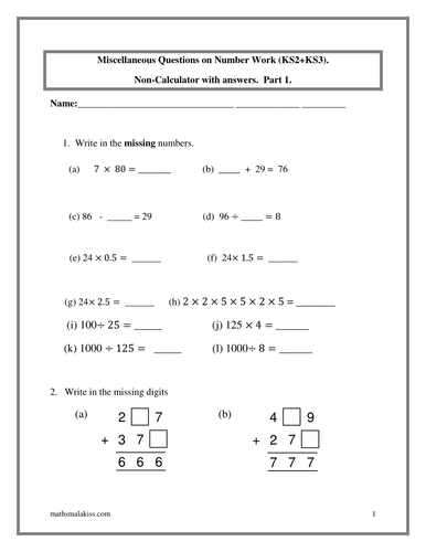 Miscellaneous, A, Number Work NC KS2KS3 with ans | Teaching Resources