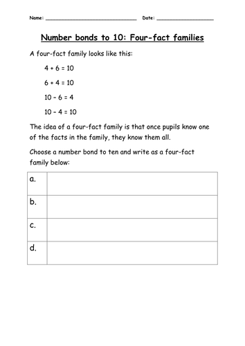 Number bonds to 10 - four-fact families