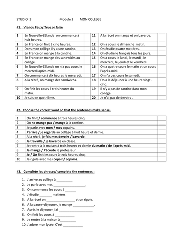 STUDIO1 French Module 2 Mon college Worksheet