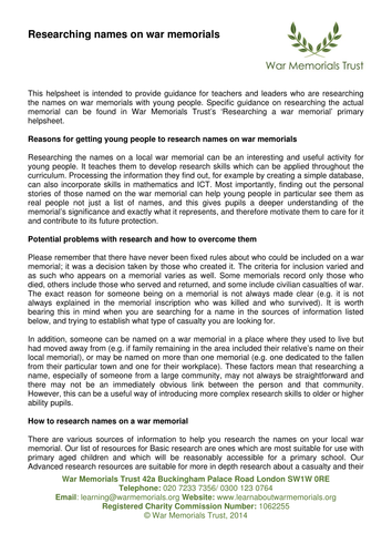 Researching names on war memorials helpsheet