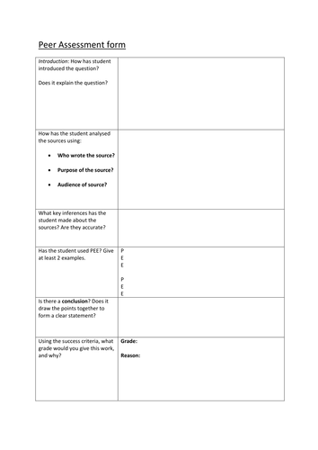 History KS4 Peer Assessment Form