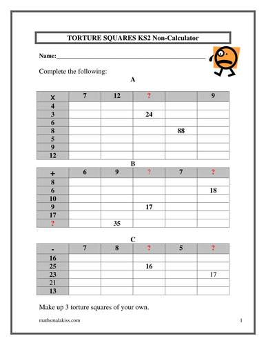 Number Torture Squares KS2KS3(Y7) with answers