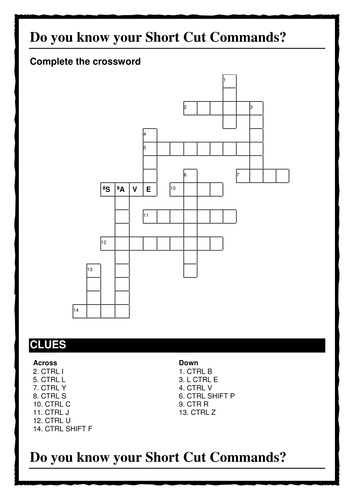 Short Cut Commands Crossword Teaching Resources