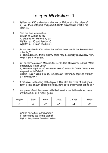 Integer Worksheet | Teaching Resources