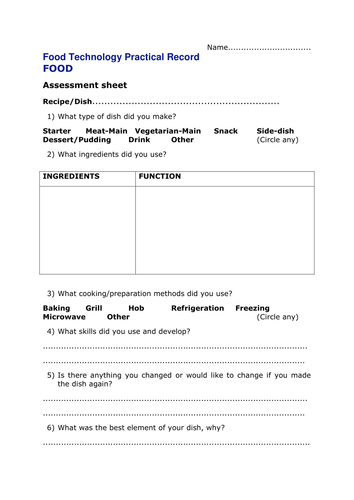 Practical Food Self Assessment Sheet